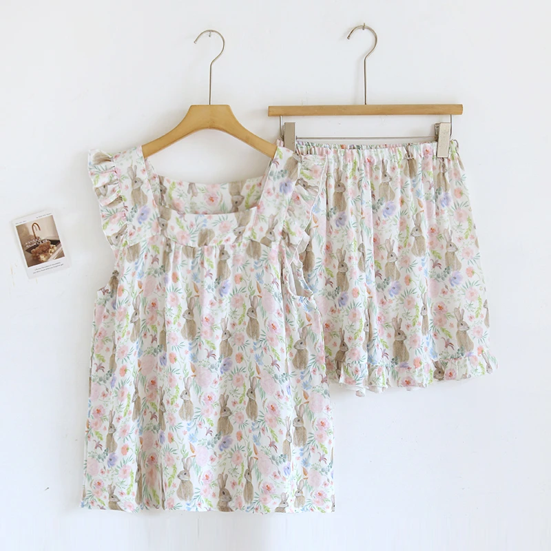 女大学生睡衣女款爆款2025新款小飞袖满印碎花小兔甜美套装家居服