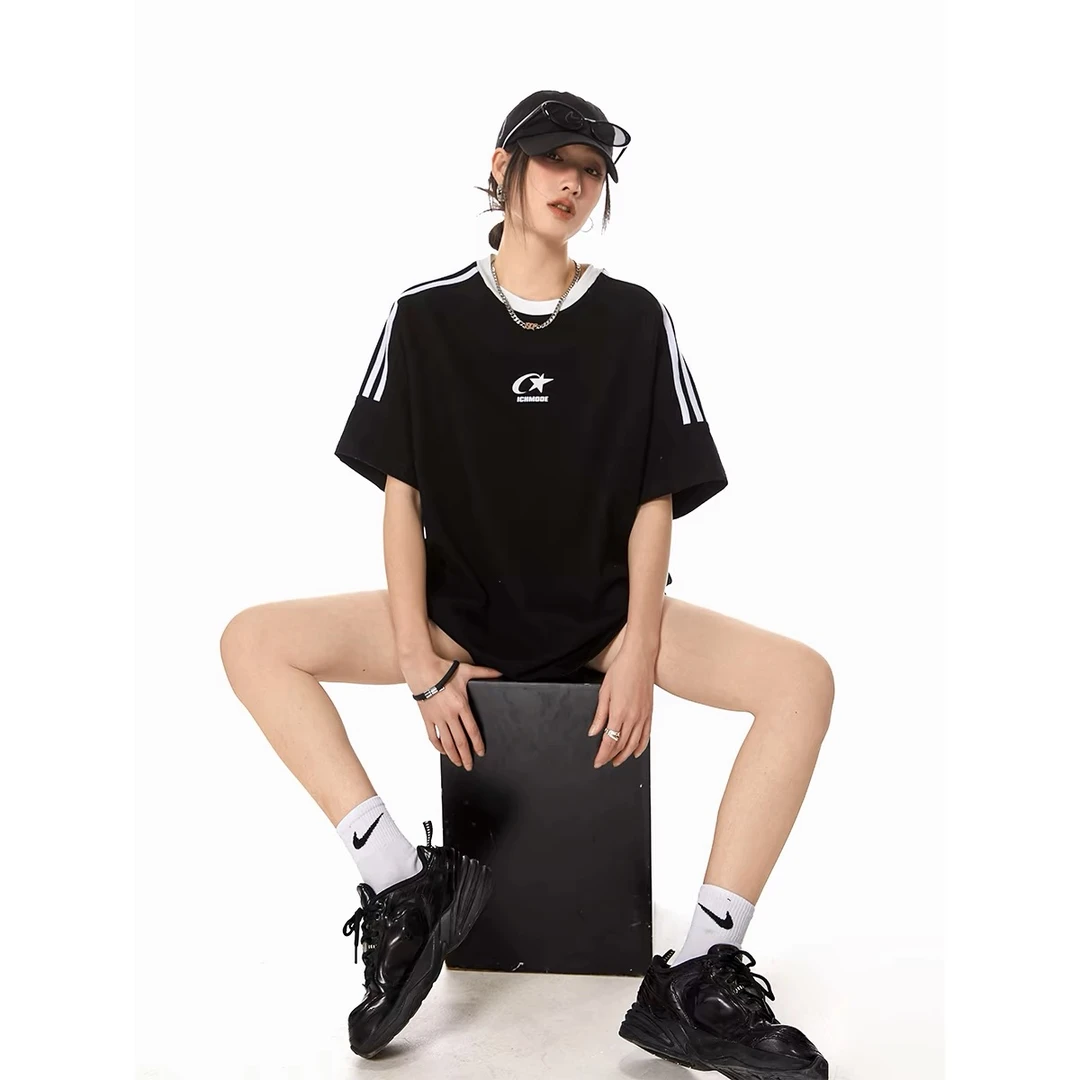 运动休闲肩上条纹美式短袖夏季百搭款T男女同款