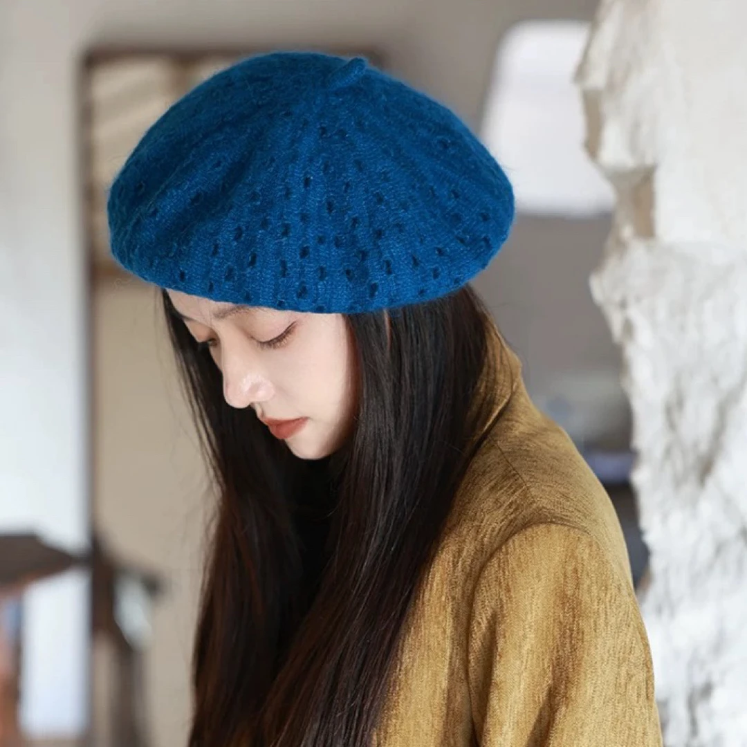 复古针织蓝色破洞贝雷帽女秋冬显脸小日系大头围保暖百搭画家帽子