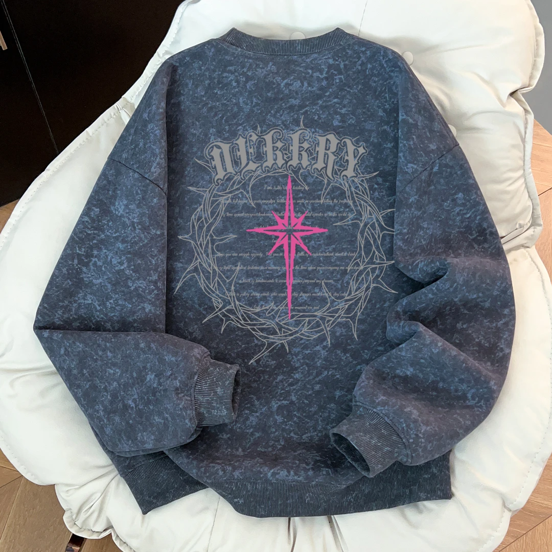 美式男女款碳灰色蜡染上衣秋冬季北极星藤蔓印花新颖圆领休闲卫衣