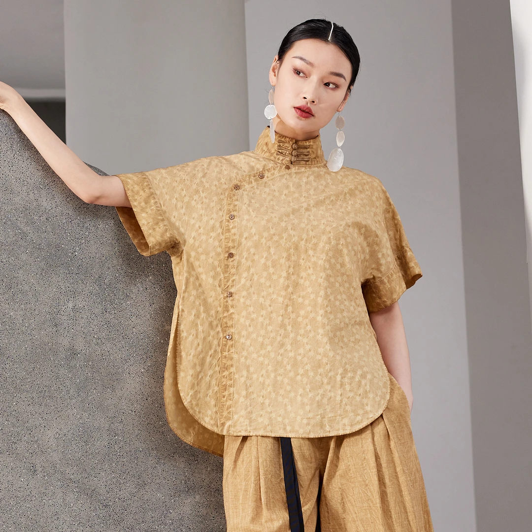 小江专属×界内界外 新中式立领短袖纯棉提花宽松做旧衬衫J42C285