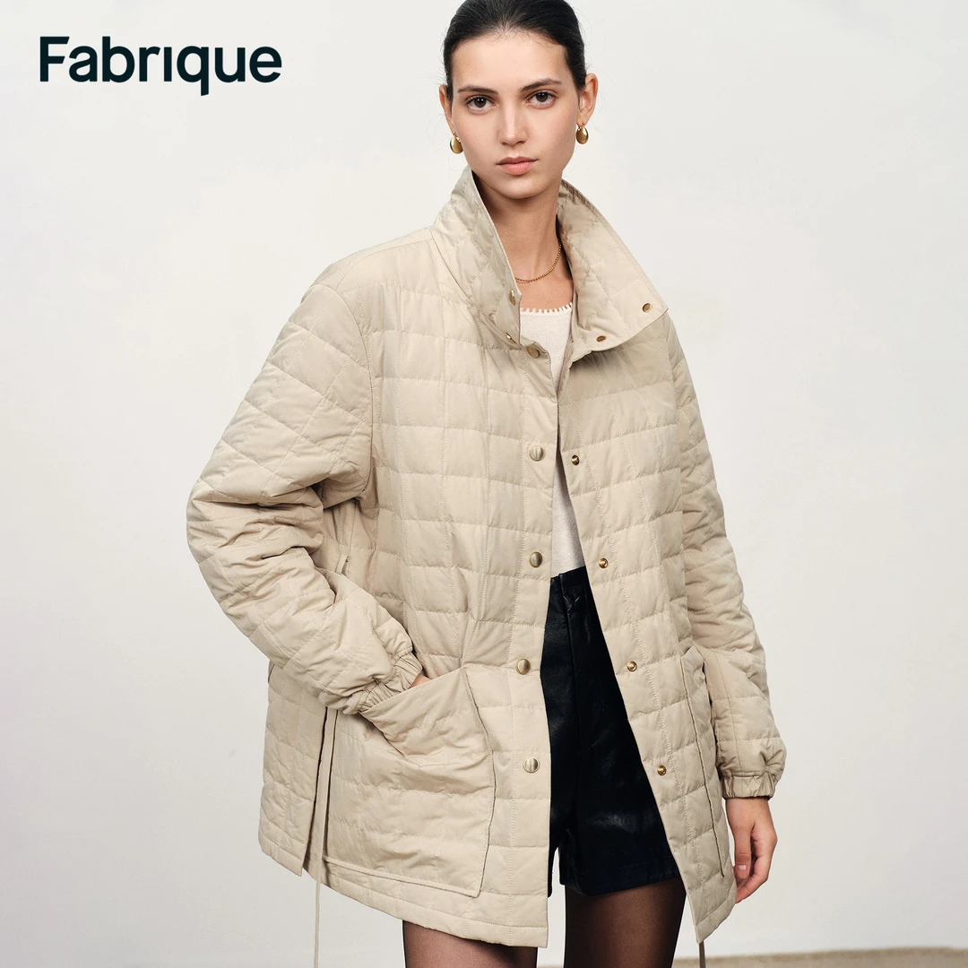 Fabrique Dona 秋冬新品米色方格绗缝鸭绒立领配腰带轻薄羽绒服