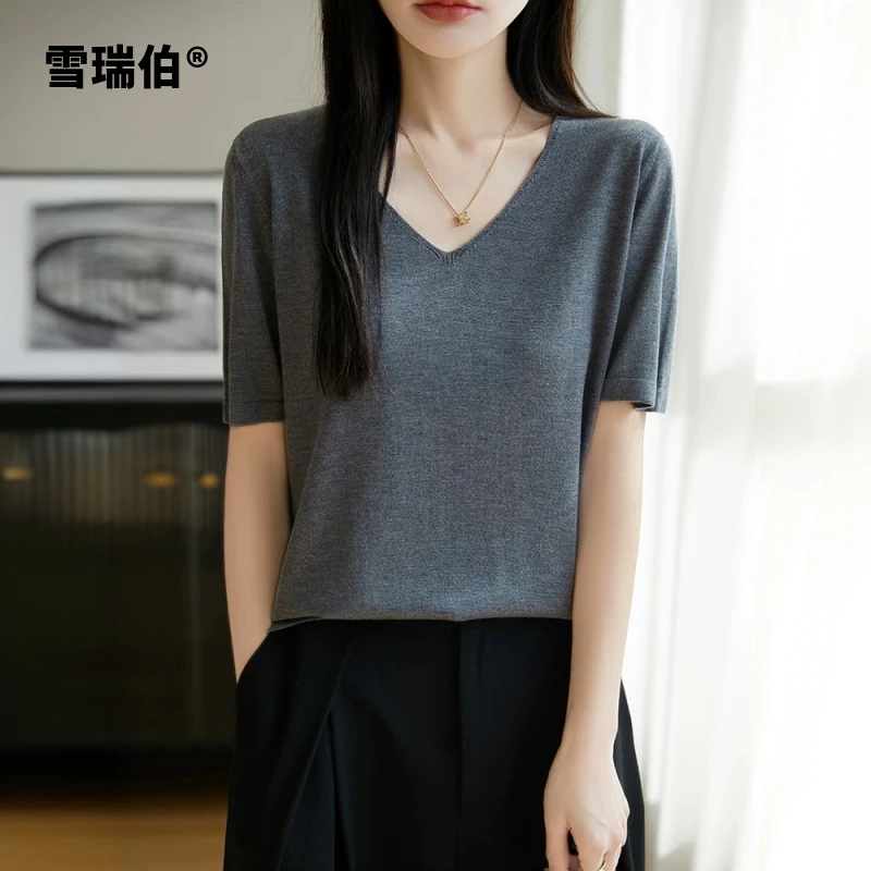 【羊毛桑蚕丝】纯色经典春夏黑灰针织衫V领女装打底衫T恤短袖704