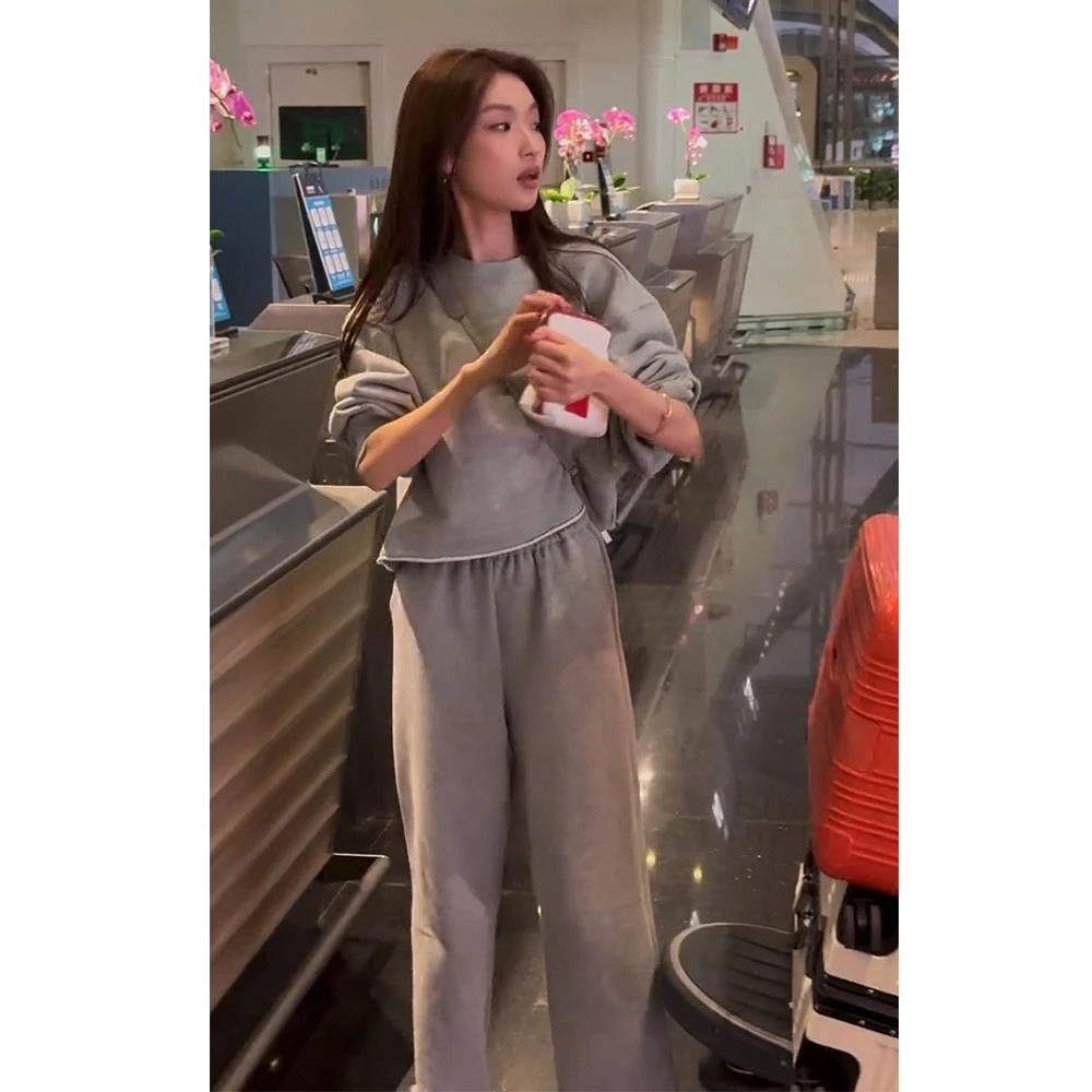 网红炸街运动休闲套装女2025春季新款小个子灰色卫衣阔腿裤两件套