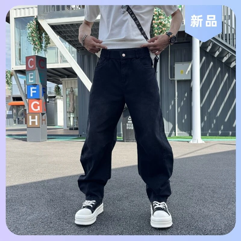 纽扣秋冬休闲裤水洗长裤流行牛仔裤松紧腰秋季复古水洗男士直筒裤