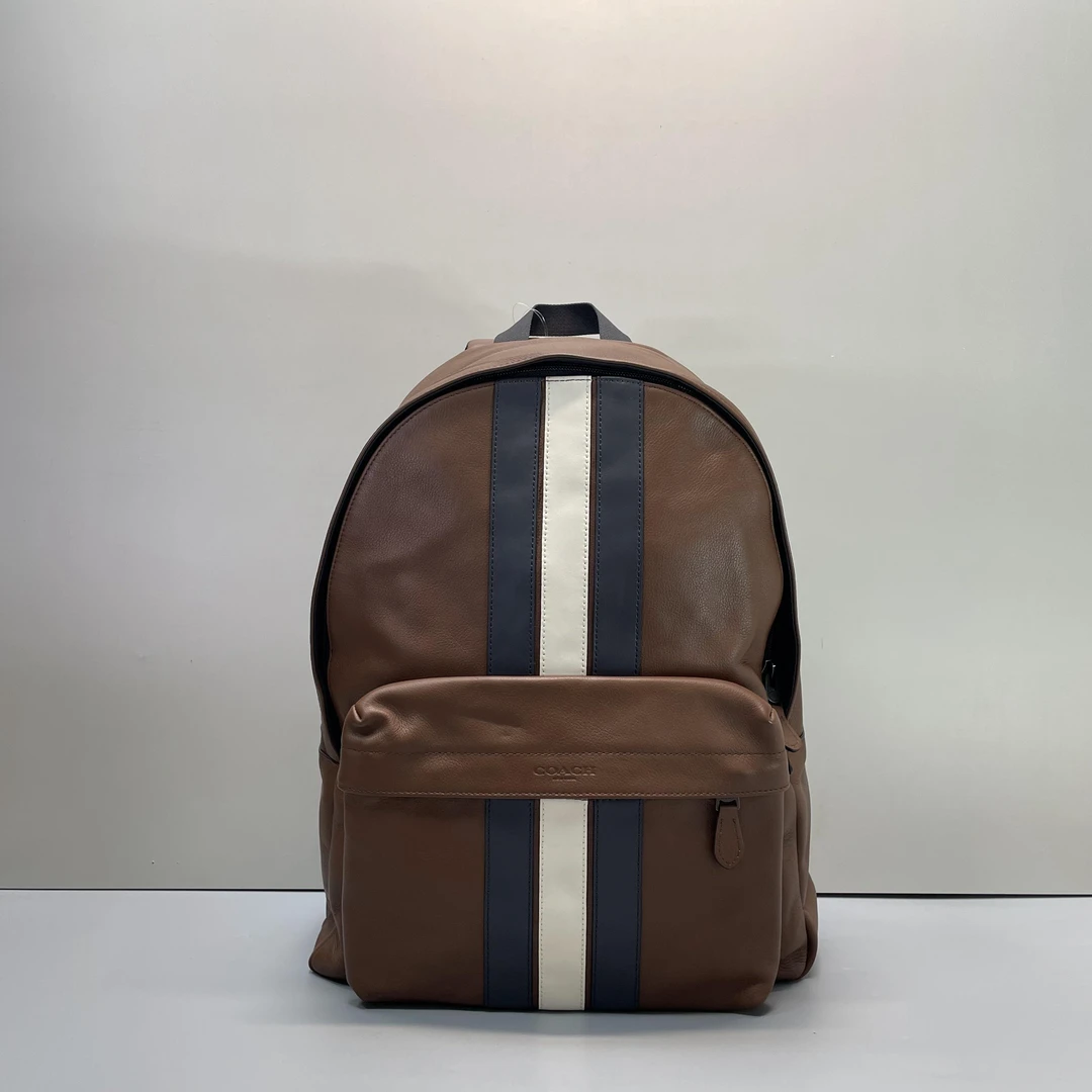 95新 COACH/蔻驰 棕色条纹男士双肩包 33*45*15cmM012517