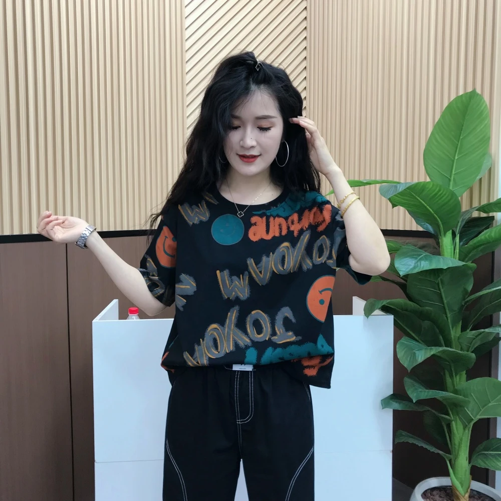 时尚炒色短袖新款夏季韩版显瘦笑脸印花t恤女宽松百搭打底上衣