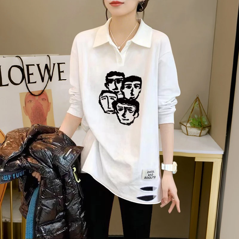 秋季中长款POLO领显瘦减龄上衣白色长袖大码慵懒风女士打底t恤