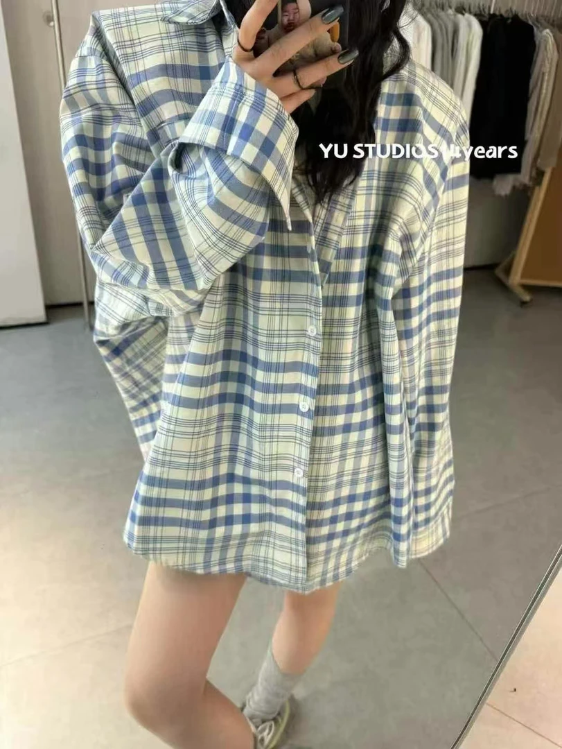 （韵宝定制）2025蓝白格子衬衫外套女宽松清爽感衬衣