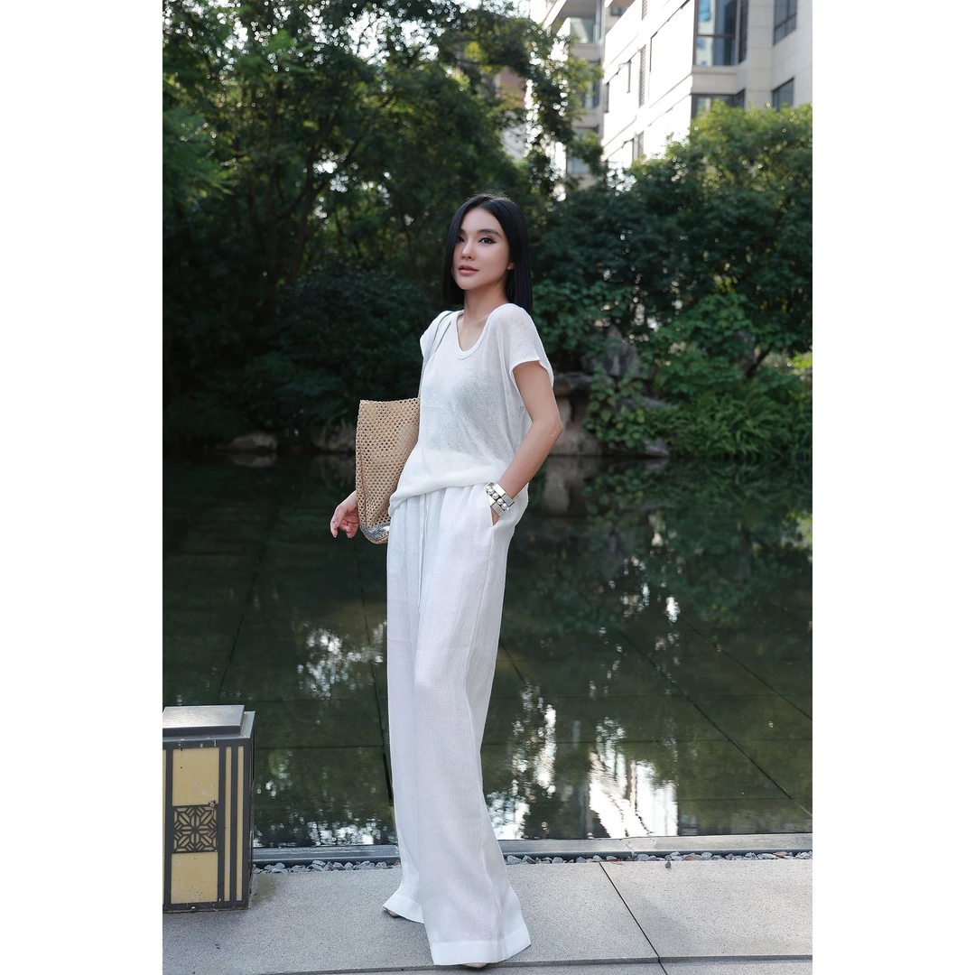 【妙妙精选】HUANGNAJI时尚气质设计感休闲白色抽绳麻裤091-2