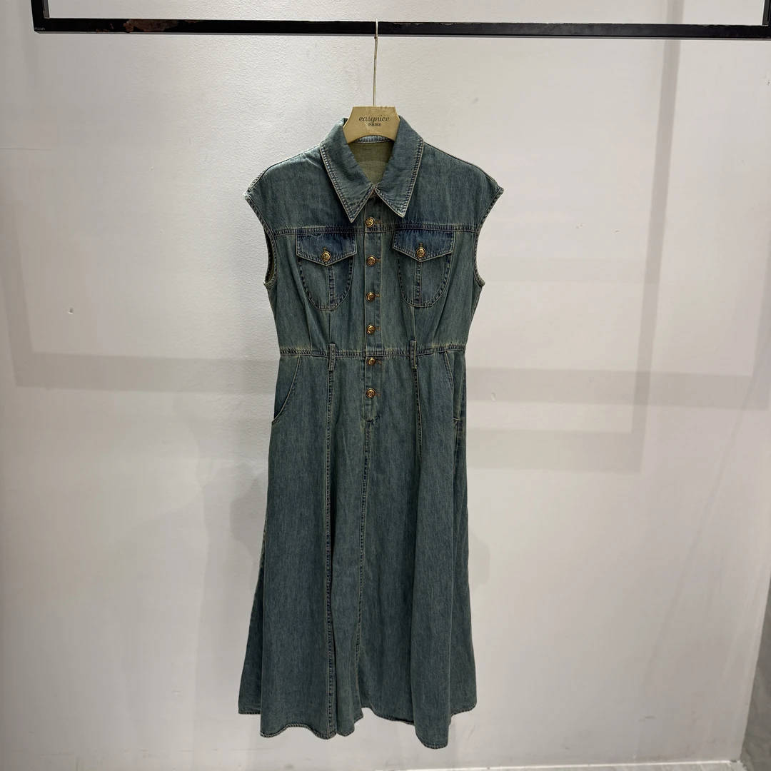 【麦丝】法式单排扣复古水洗无袖牛仔连衣裙 MZCW-3089