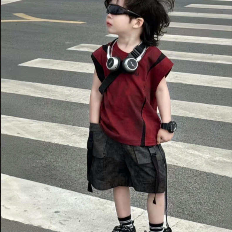 男童无袖夏装扎染背心套装新款夏季儿童2025韩版帅气短裤两件套潮