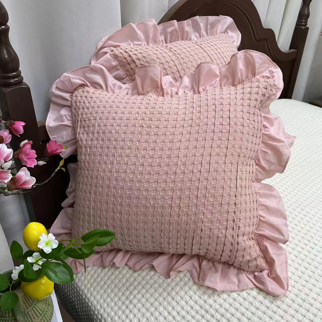 【不含枕芯1个装】皱皱花边-樱粉色华夫格抱枕套50*50cm