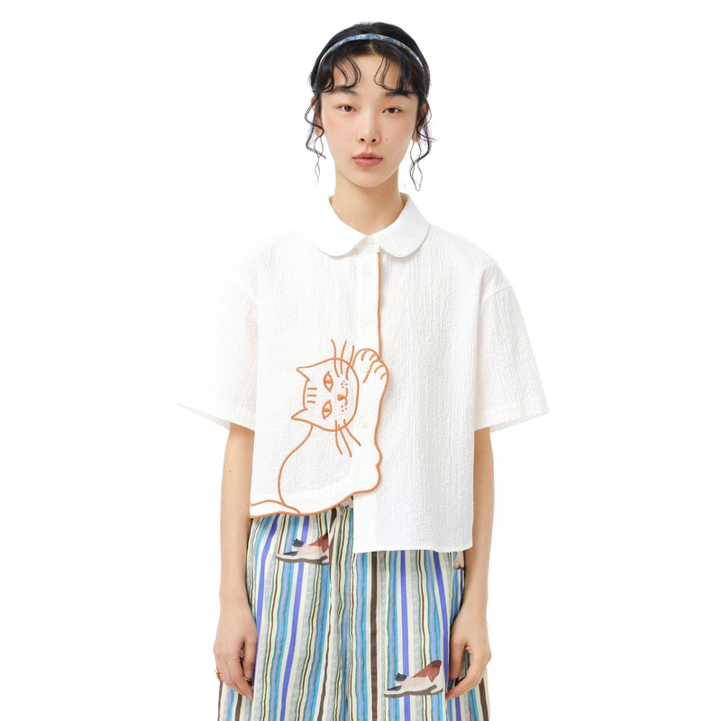 MOVEUP幻走2025夏季新款.FUN 翻领线条猫咪短款衬衫女325220444
