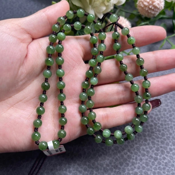 俄料碧玉天然和田玉辣阳绿碧玉6mm经典编织款项链绳60厘米