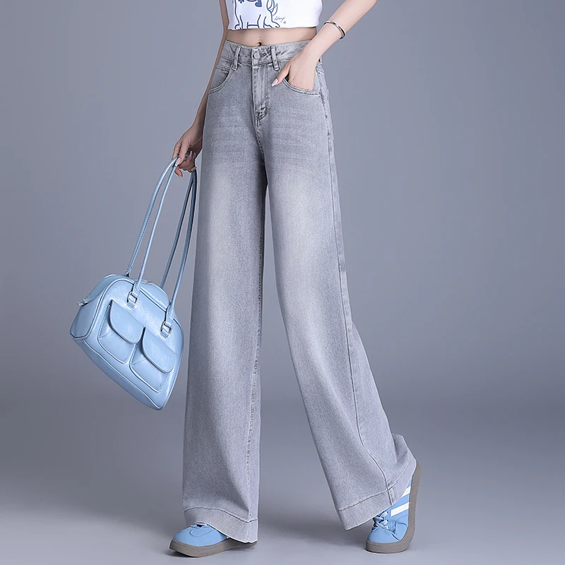 哥弟阿玛施正品夏季薄款时尚浅灰阔腿牛仔裤女宽松休闲直筒显瘦裤