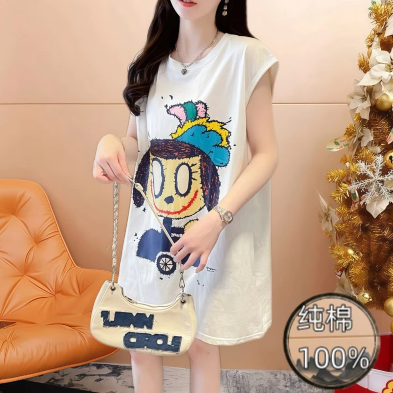 今年夏季新薄款纯棉背心女宽松中长款设计感休闲百搭遮屁股上衣女