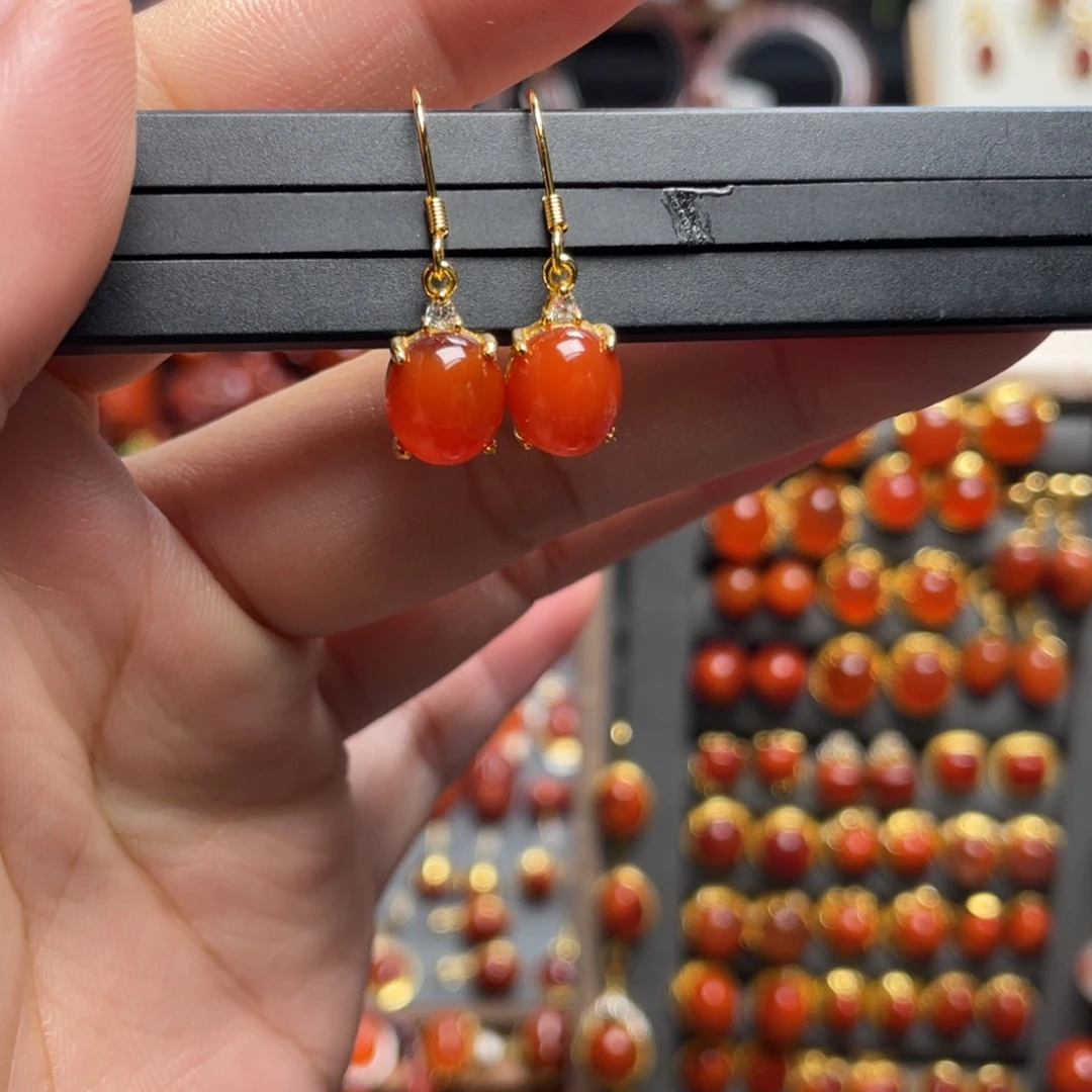 南红玛瑙银S925镶嵌耳钩