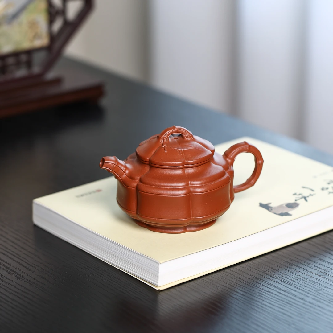 宜兴正宗原矿紫砂壶黄龙山本山朱泥全手工六方竹鼓手工筋纹器250C