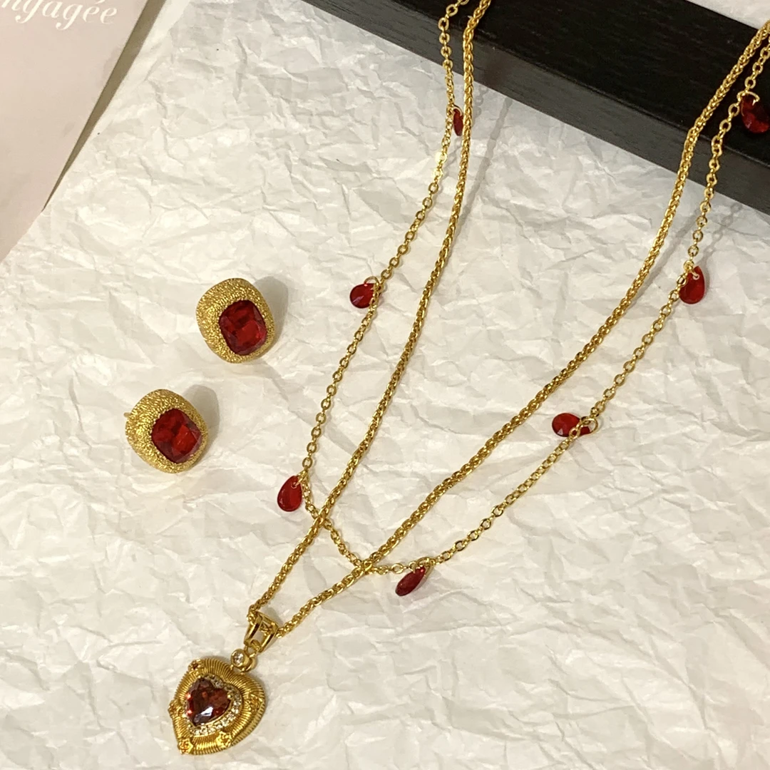 钛钢项链 钛钢项链 LARVINA法式复古红色叠戴两件套