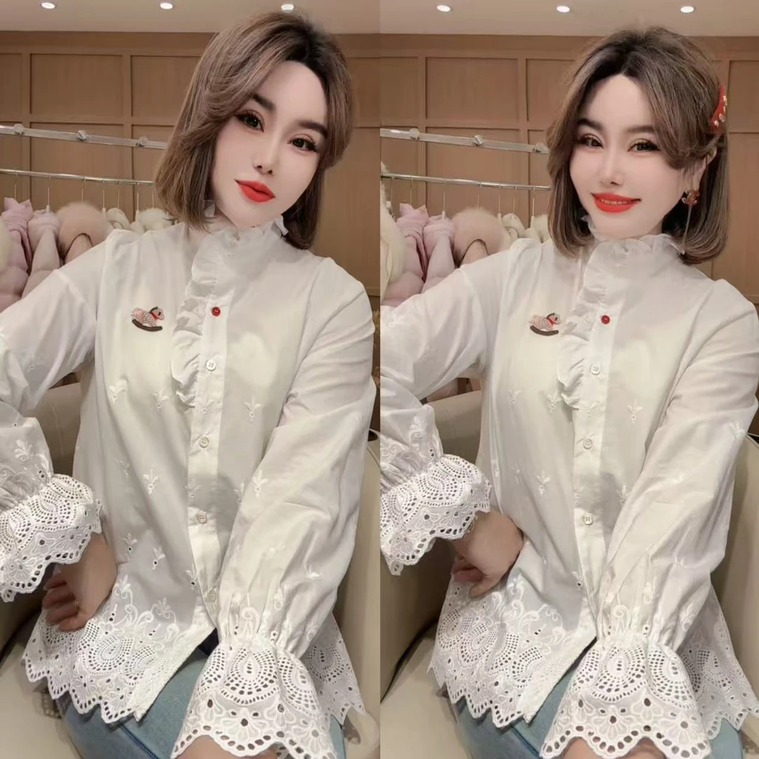闺蜜精品122112【茉色香绮】木耳边刺绣木马衬衫