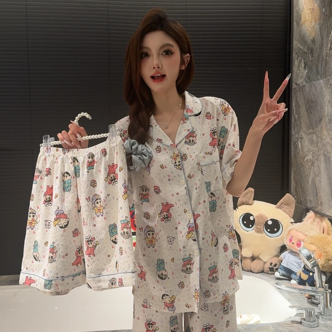 《蜡笔小新三件套》网红新款休闲舒适气质女睡衣可外穿家居服套装