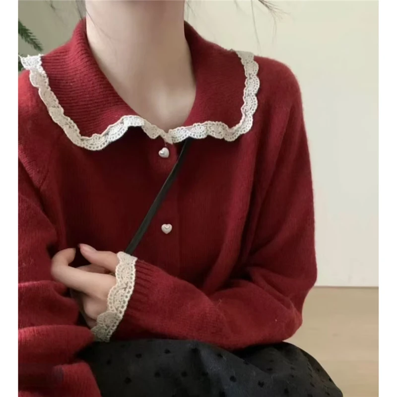 【新年款】娃娃脸蕾丝拼接针织开衫