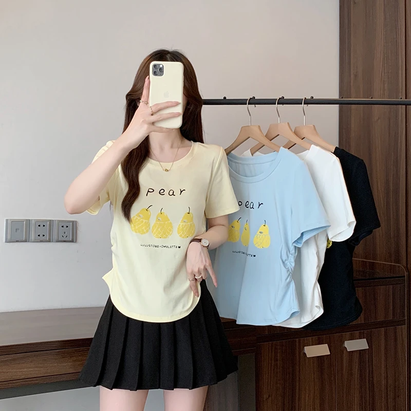 Q2025夏装新款胖mm大码女甜美减龄印花弧形掐腰正肩短袖T恤 A1391