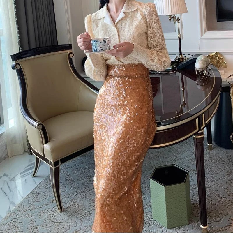 MONI新款百搭棕色亮片半身裙女长款小个子包臀裙修身显瘦高腰裙