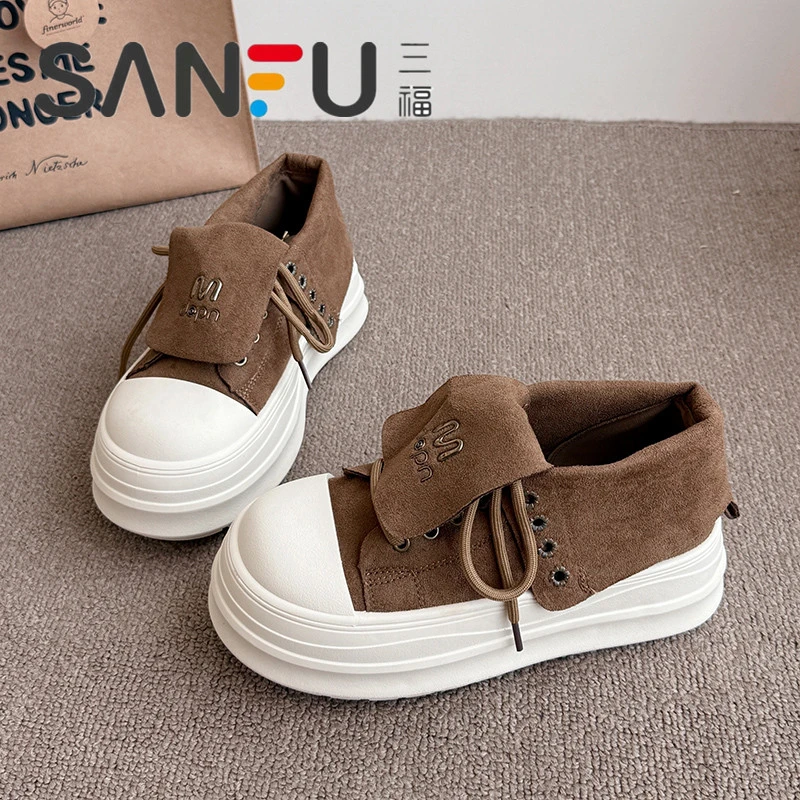 三福翻领系带厚底高帮鞋女马丁靴2025秋季新款小个子增高休闲单鞋