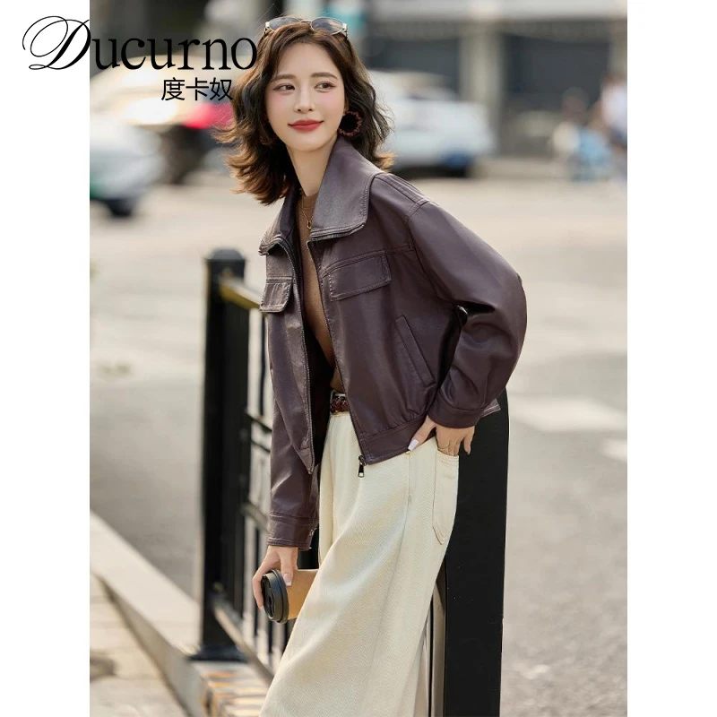 咖色短款翻领皮夹克上衣女2025秋新款洋气小个子皮衣外套宽松潮流