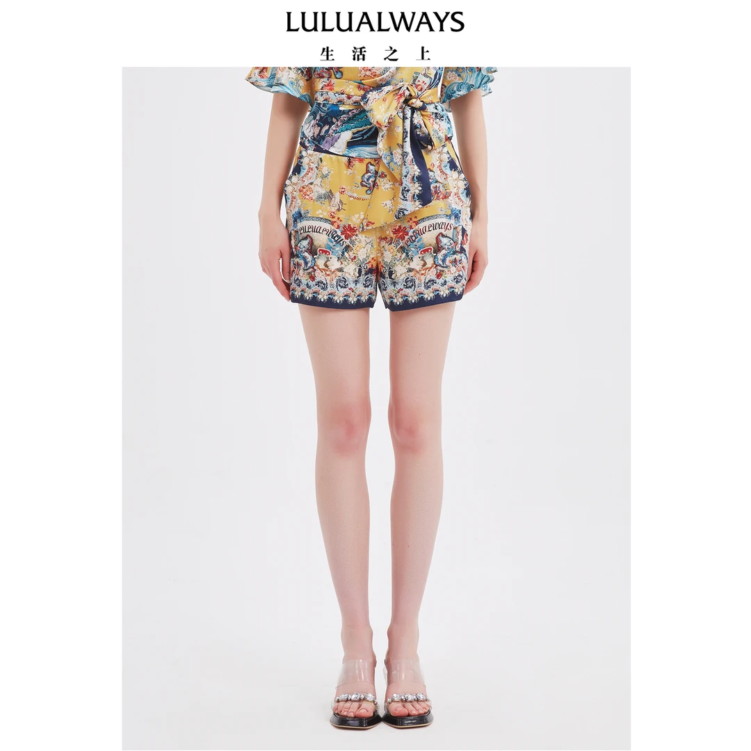 LULUALWAYS【商场同款】25夏季新款西西里复古度假风印花阔腿短裤