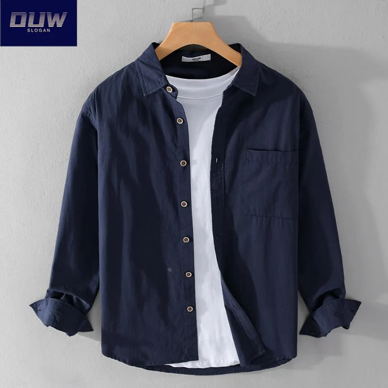 O.U.W初秋大众休闲长袖简约衬衫男士舒适全棉质外穿打底纯色上衣