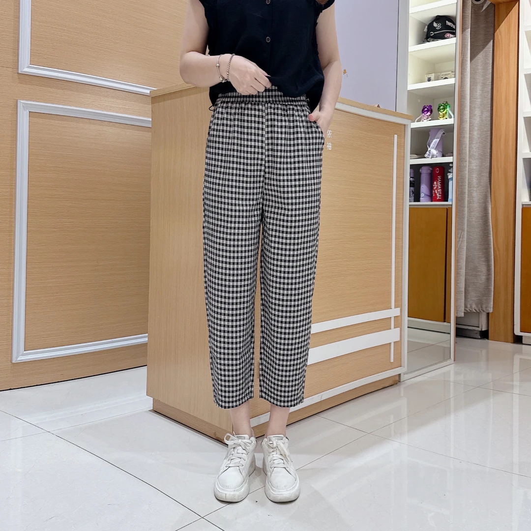 女时尚哈伦八分格子裤5-1062舒适休闲百搭布裤松紧中腰/长83厘米