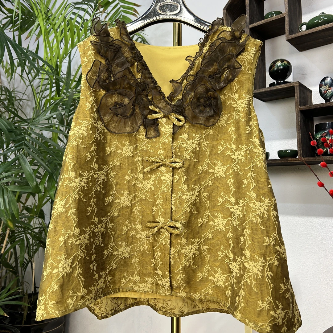 时尚聚酯纤维透气潮流宽松v领无袖女士上衣