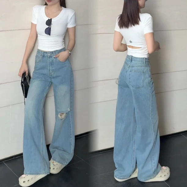 小鱼故事 夏季薄款美式高腰破洞阔腿牛仔裤垂感宽松显瘦拖地裤女