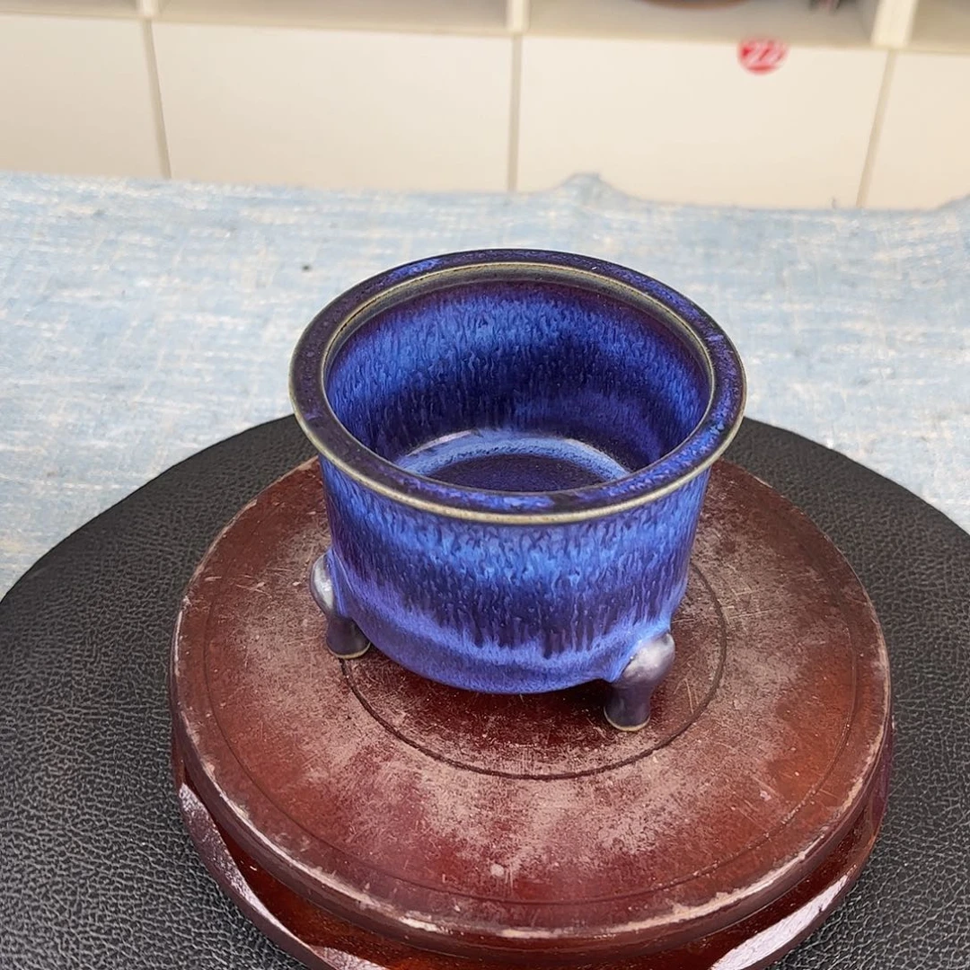 瓷片三足炉炭烧手工大师作品