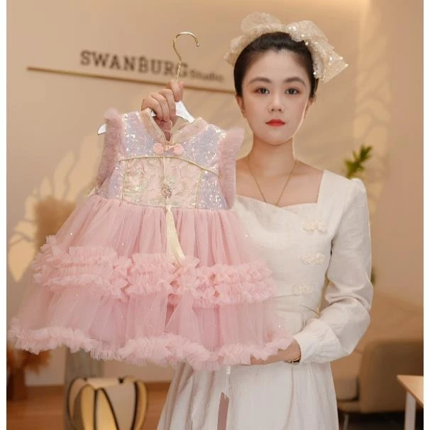 【现货】【Y.a6850】25新款女宝重工网纱背心裙女童冬季保暖马甲裙