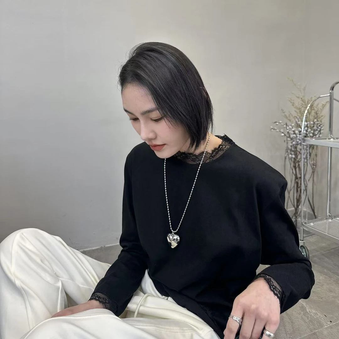 【XI FAN】设计感小众蕾丝边t恤长袖