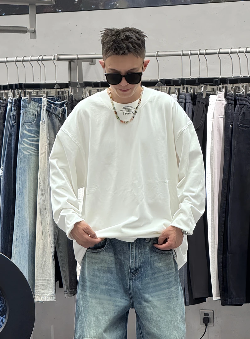 [7m 25SS]重磅纯棉高克重阔版长袖打底T恤男设计感磨边宽松男女