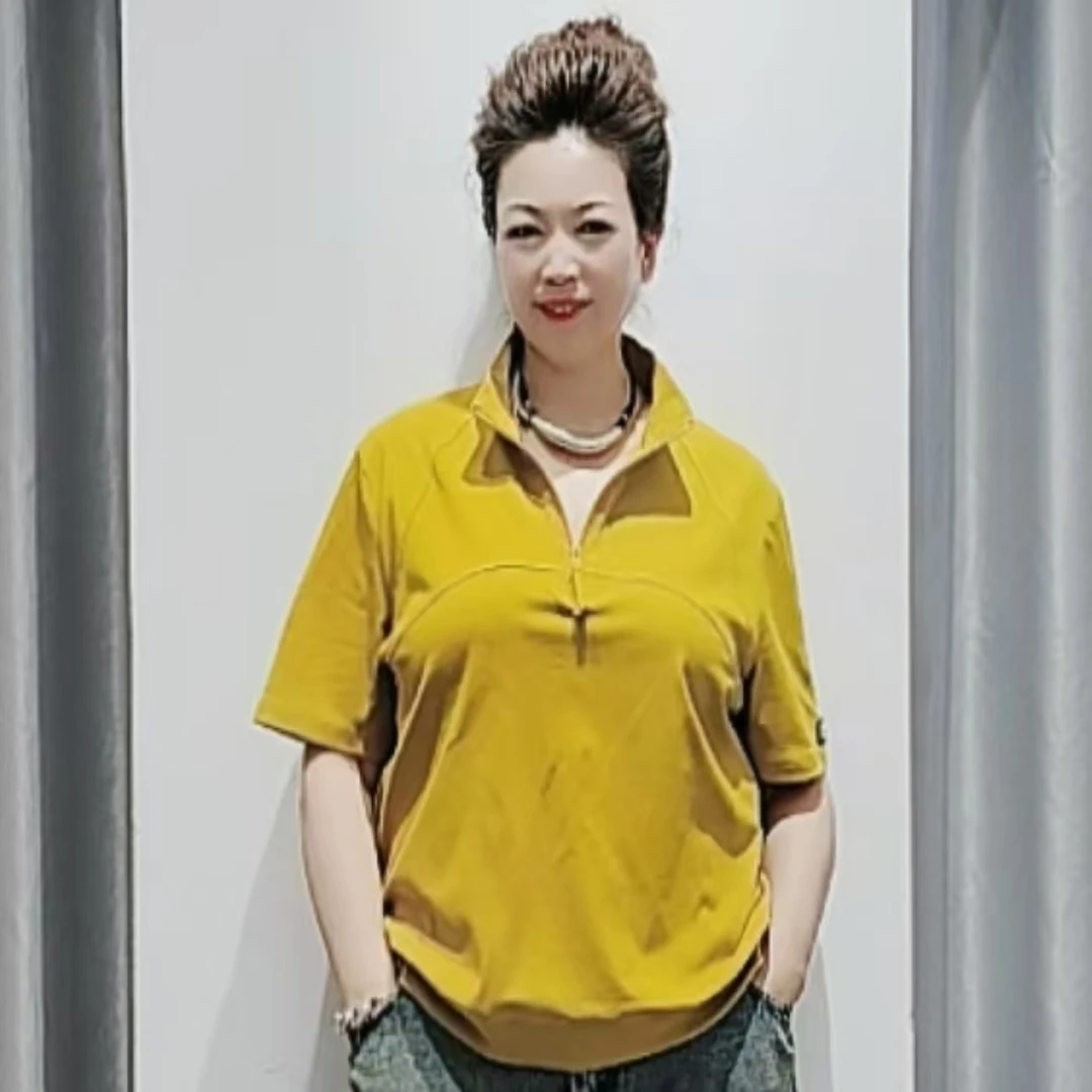 夏季时尚休闲宽松立领拉链女士短袖T恤