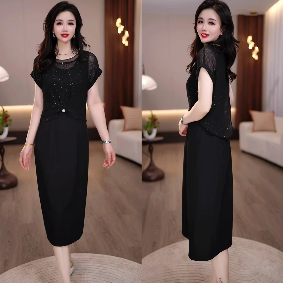 2025夏款细闪柔纱时尚优雅小衫+无袖显瘦打底连衣裙两件套M-4XL