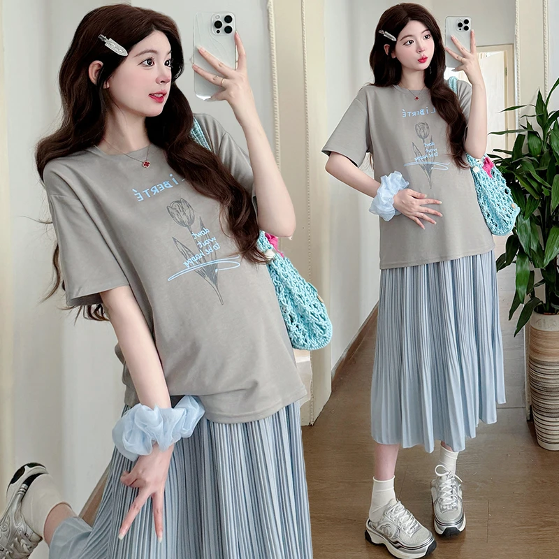 简约时尚孕妇装女夏季新款潮款休闲百搭上衣宽松舒适半身裙两件套