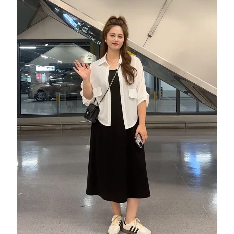 映晴衬衫外套早秋大码女2025显瘦蝙蝠长袖中长款背心裙两件套装5