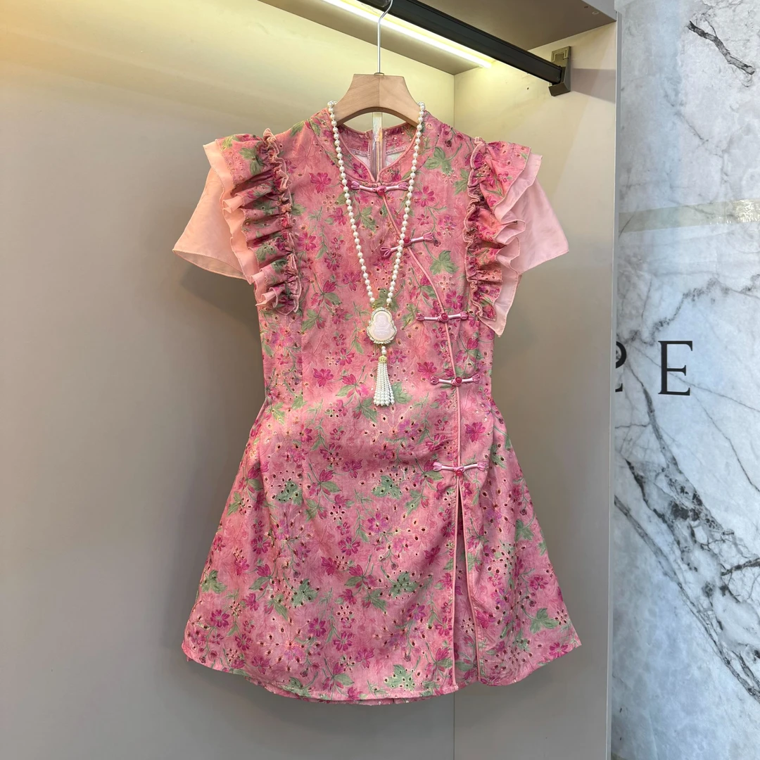 2025新中式国风蕾丝镂空碎花木耳边斜襟盘扣减龄短裤两件套2565