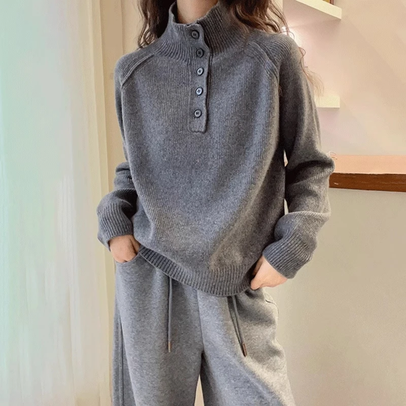 法式纽扣设计高领针织衫女秋冬高级感宽松显瘦软糯打底衫毛衣上衣