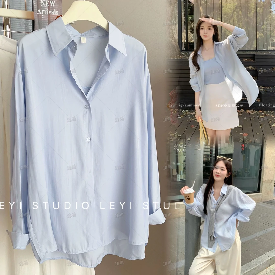 「纯色衬衫」夏季薄款两穿衬衫女2025宽松长袖休闲衬衣外套百搭上衣