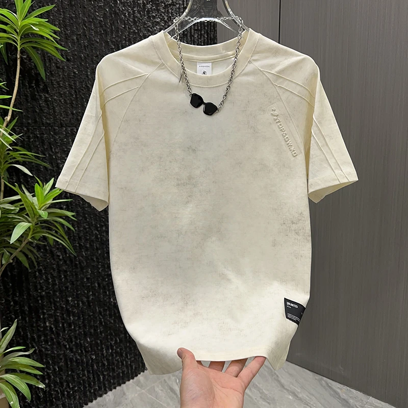 2025夏季新款潮流钢印T恤男士宽松圆领半袖打底体恤衫痞帅扎染潮t