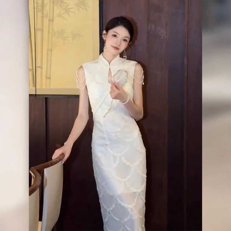 新中式国风改良旗袍高端大气上档次上班可穿白色蕾丝订婚连衣裙夏