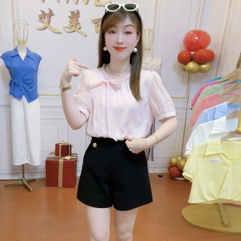 小个子简约木耳领衬衫女2026年夏季新款飘带蝴蝶结遮肚子显瘦上衣